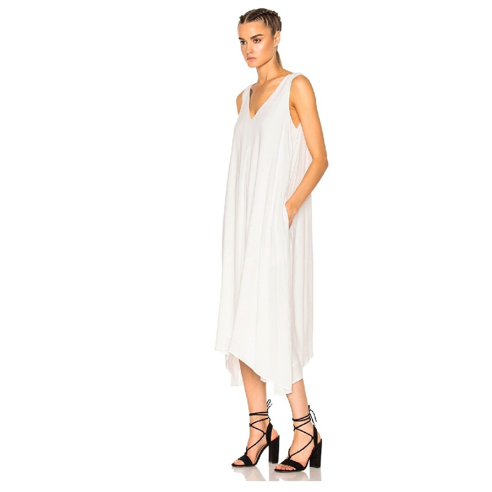 James Perse White Double V Swing Midi Dress Sharkbite Hem XS